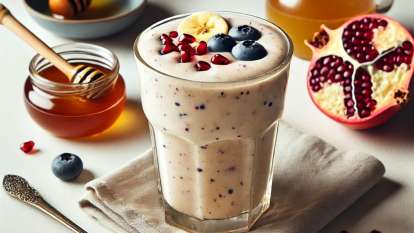 Halsschmerz-Shake mit Honig, Granatapfelkernen, Joghurt, Heidelbeeren und Banane